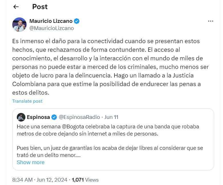 Mauricio Lizcano reaccionó a captura de banda metros de cobre de internet - crédito @MauricioLizcano