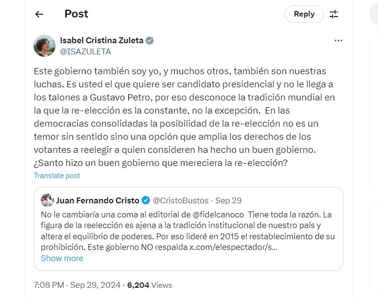 Isabel Zuleta  estalló en contra de Juan Fernando Cristo por criticar la reelección - crédito @ISAZULETA