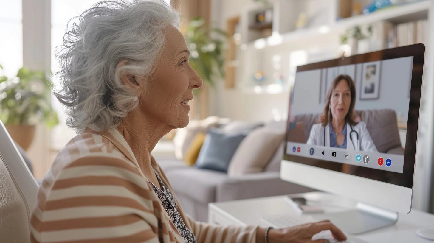 Abuela utilizando su computadora para una videollamada médica, mostrando la integración de la tecnología en el cuidado de la salud para la tercera edad. La consulta virtual con su médico refleja un paso adelante en el acceso a la medicina, asegurando su bienestar desde la comodidad de su hogar. (Imagen ilustrativa Infobae)