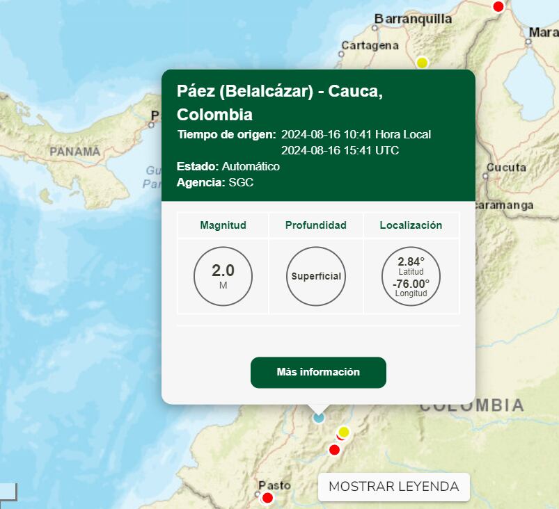 El sismo en el departamento del Cauca, el 16 de agosto de 2024 - crédito SGC