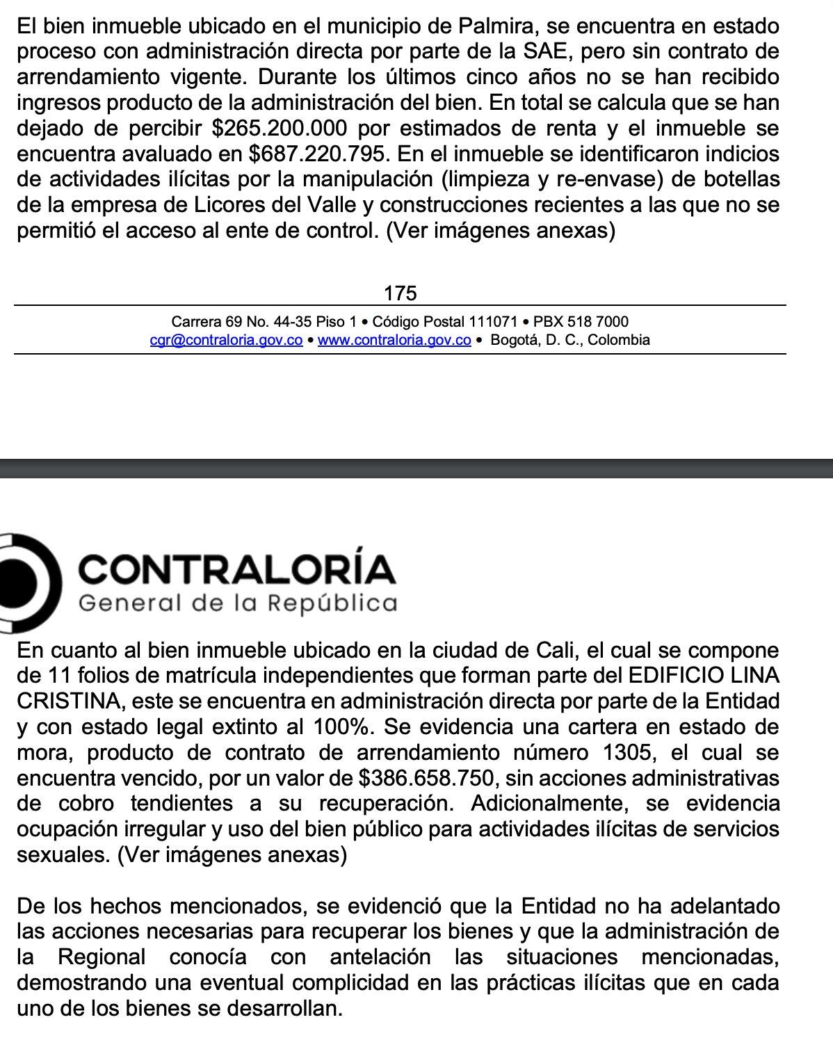 La Contraloría señala predios de la SAE en Cali y Palmira - crédito Contraloría General de la Nación