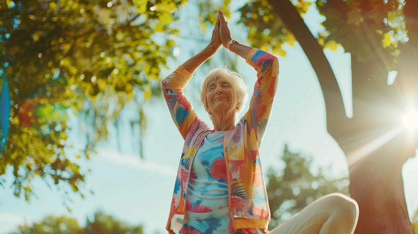 Abuela realiza posturas de yoga bajo la luz del sol en un espacio verde, evidenciando cómo la práctica de yoga mejora la flexibilidad y el bienestar mental en adultos mayores. Su compromiso con un estilo de vida saludable inspira a todas las edades a cuidar de su salud física y mental. (Imagen ilustrativa Infobae)Abuela realiza posturas de yoga bajo la luz del sol en un espacio verde, evidenciando cómo la práctica de yoga mejora la flexibilidad y el bienestar mental en adultos mayores. Su compromiso con un estilo de vida saludable inspira a todas las edades a cuidar de su salud física y mental. (Imagen ilustrativa Infobae)