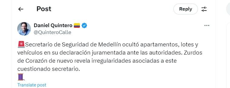 Daniel Quintero volvió a arremeter en contra del secretario de Seguridad de Federico Gutiérrez - crédito @QuinteroCalle