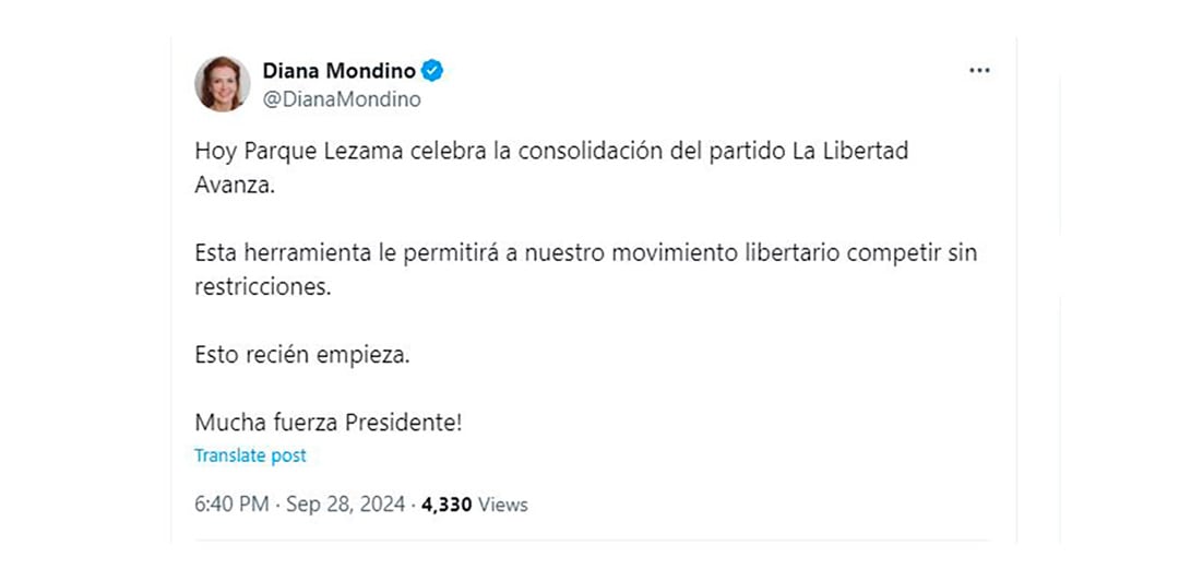 El mensaje de Diana Mondino a minutos del acto de Milei en Parque Lezama