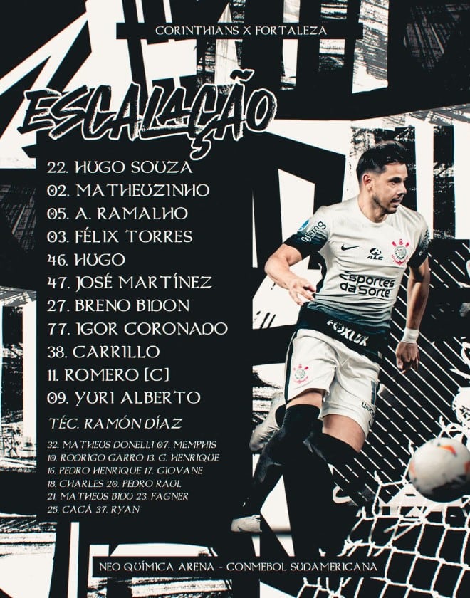 Alineación de Corinthians para enfrentar a Fortaleza por el partido de vuelta de los cuartos de final de la Copa Sudamericana.