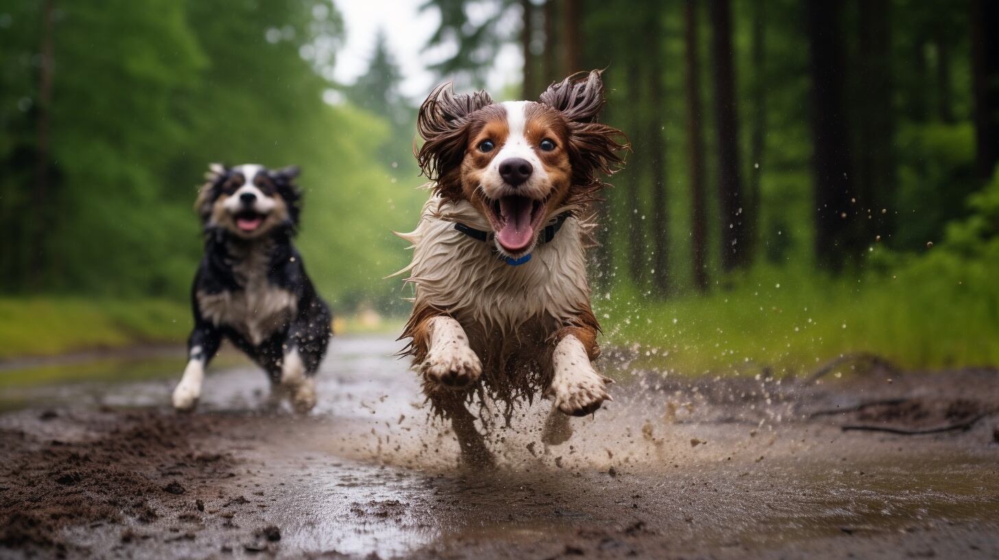 Imagen de perros jugando en un charco de lodo bajo la lluvia. Su alegría y vitalidad canina son evidentes en esta escena llena de diversión y cuidado. (Imagen ilustrativa Infobae)