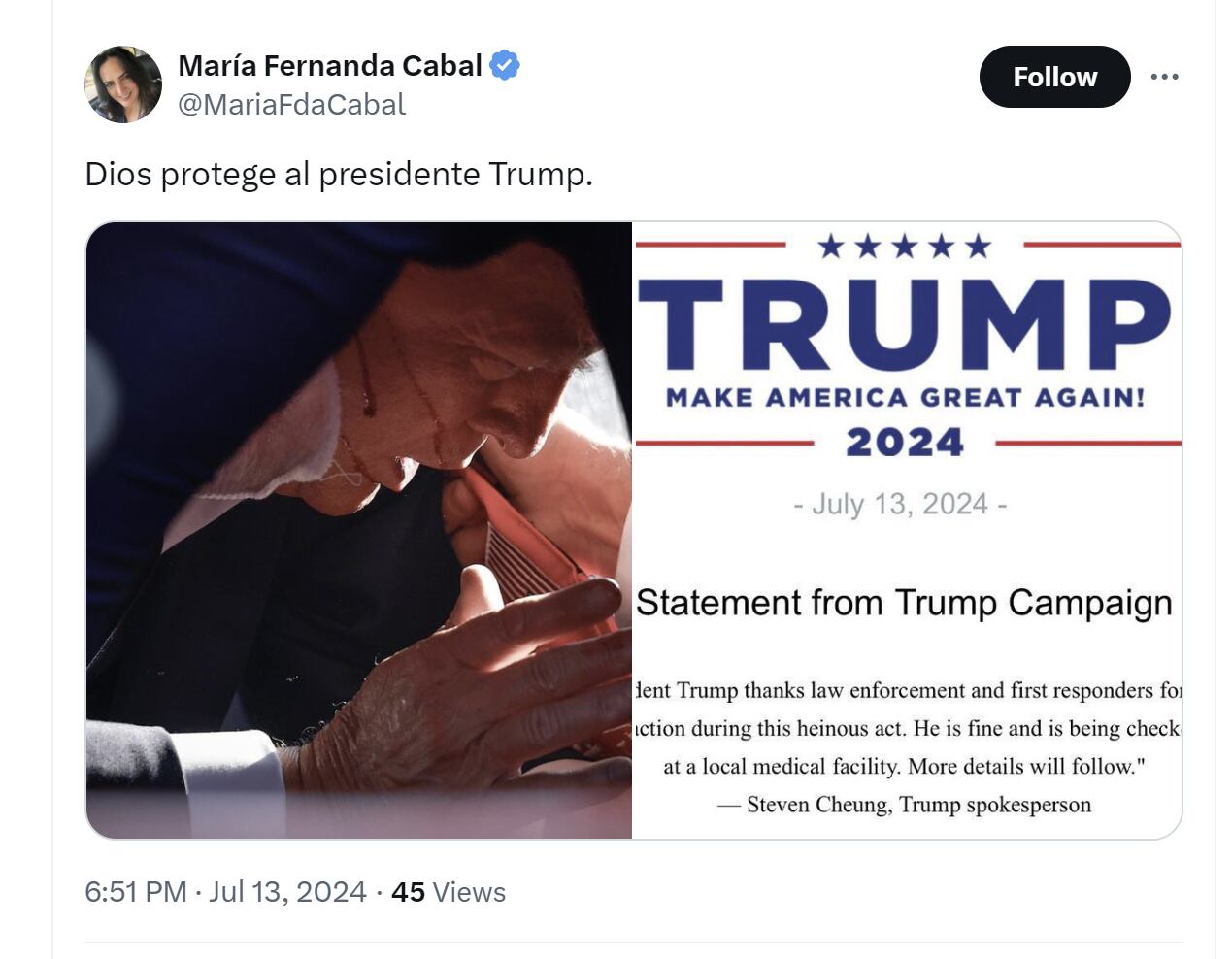 María Fernanda Cabal pidió a Dios proteger a Donald Trump - crédito @MariaFdaCabal/X