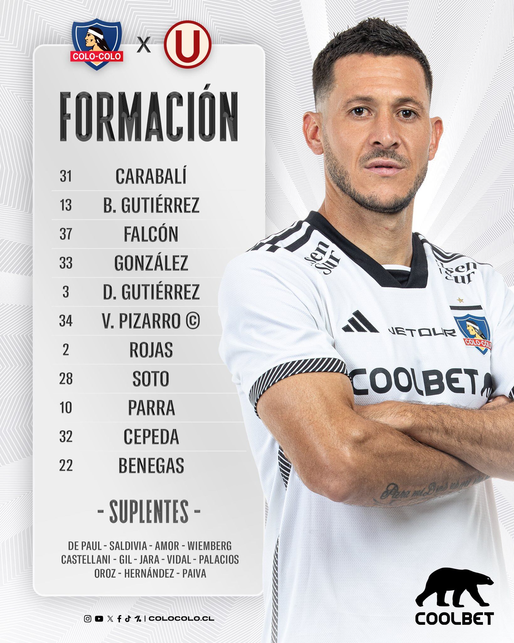 Alineación confirmada de Colo Colo para medirse con Universitario en duelo amistoso.