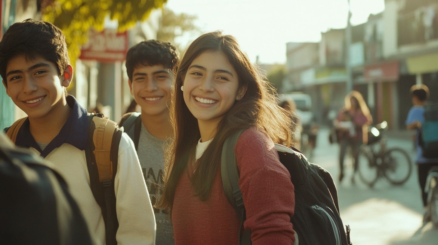 Imagen de adolescentes felices con mochilas, caminando hacia la escuela. Otras opciones: grupo de amigos, estudiantes alegres, regreso a clases. - (Imagen Ilustrativa Infobae)