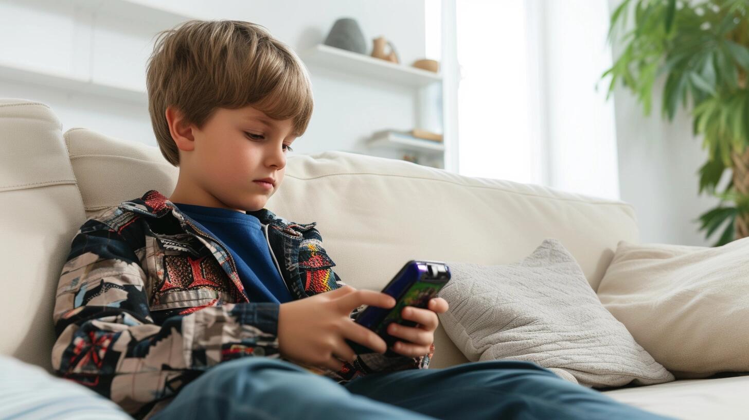 Niño absorto en un videojuego en su teléfono celular mientras está sentado en un sillón, demostrando cómo la tecnología digital y los juegos online se han integrado en la vida cotidiana de los niños. La imagen muestra la concentración y el entretenimiento que proporcionan estos dispositivos en la infancia. (Imagen ilustrativa Infobae)