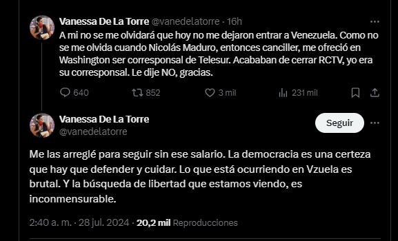 Vanessa de la Torre recordó cuando Nicolás Maduro le ofreció ser corresponsal de Telesur - crédito @vanedelatorre/X