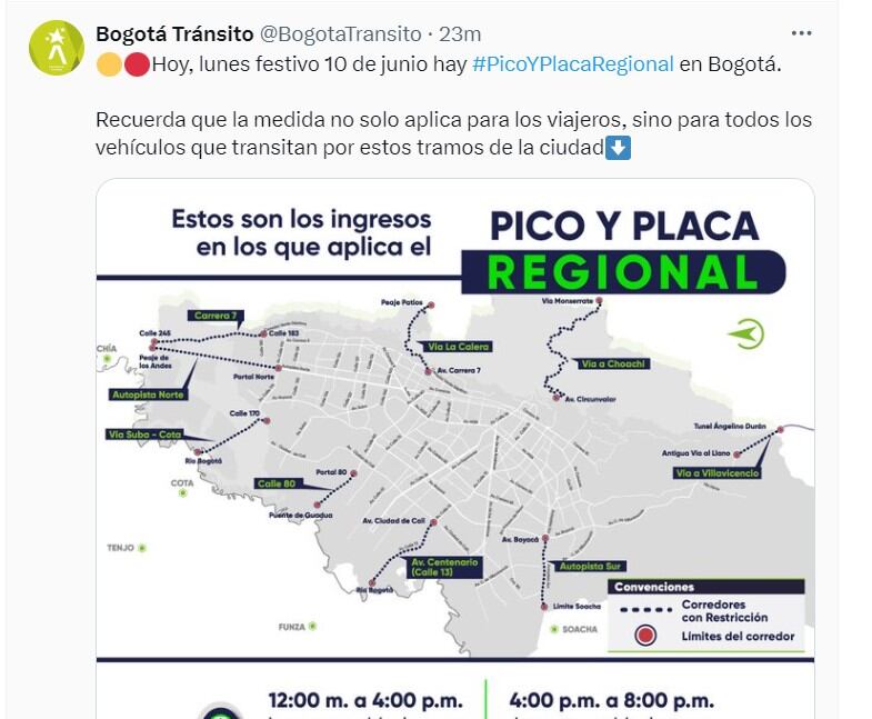 El lunes 10 de junio también habrá Pico Y placa regional - crédito @BogotaTransito