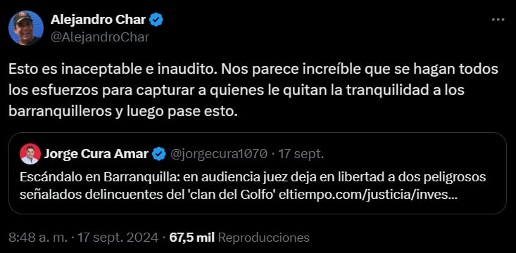 El alcalde de Barranquilla se quejó de que los cabecillas del Clan del Golfo hayan sido dejados libres - crédito Alejandro Char/X