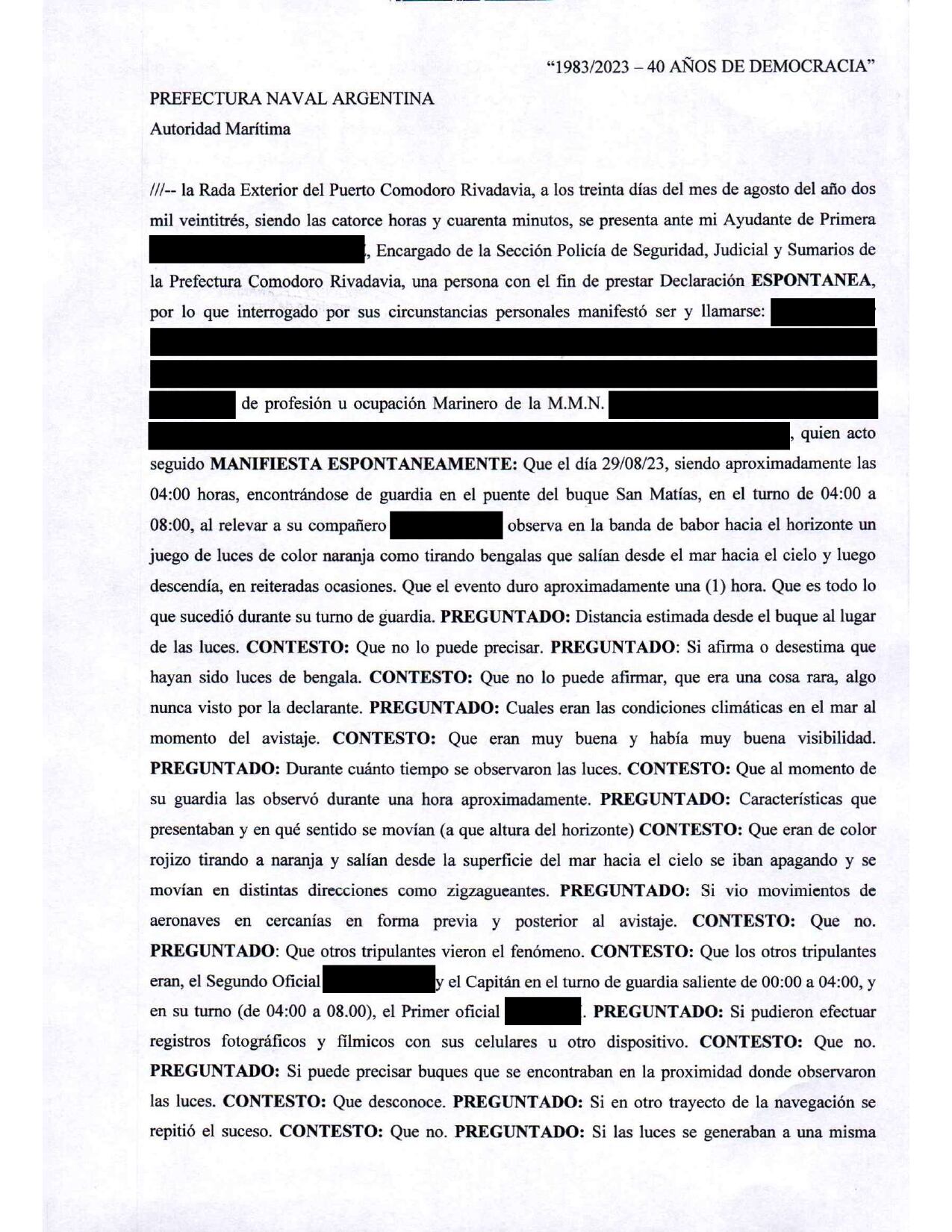 La tripulación reporta el avistaje de un OVNI a Prefectura