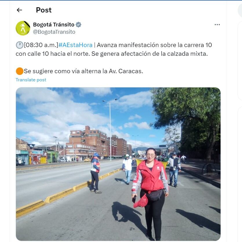 Bogotá Tránsito informó de una manifestación en la localidad de San Cristóbal - crédito @BogotaTransito