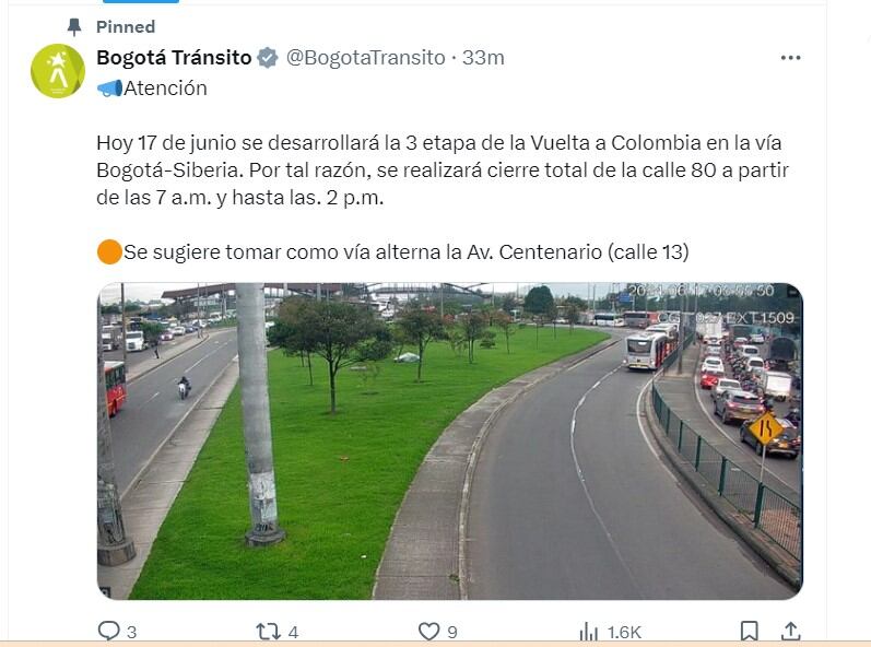 Bogotá Tránsito informa sobre cierre en la calle 80 - crédito @BogotaTransito