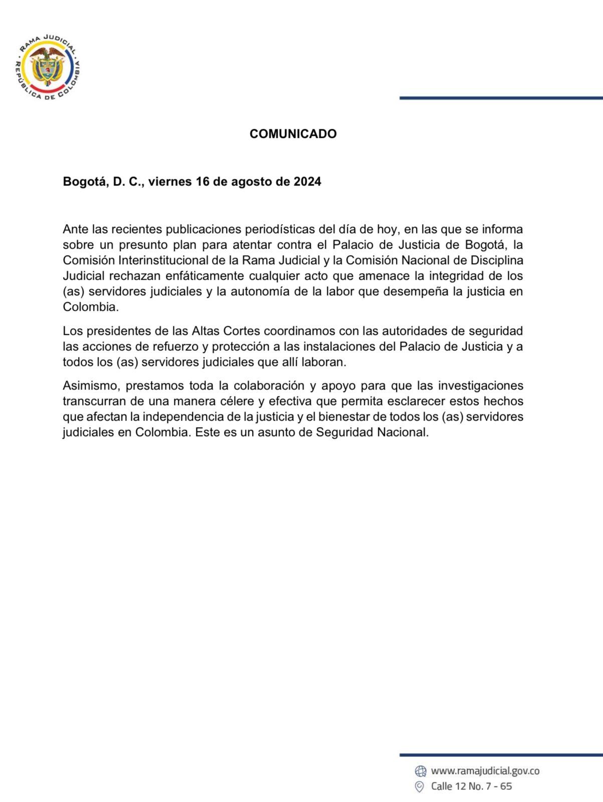 Altas Cortes indicaron que prestarán toda la colaboración necesaria para esclarecer posible plan para atentar contra el Palacio de Justicia - crédito @CConstitucional/X