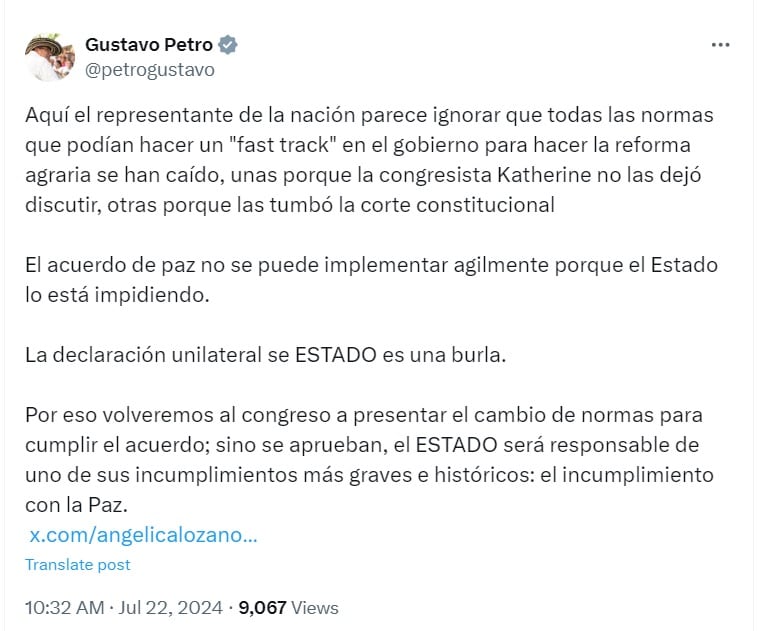 El presidente insiste en que el Fast Track agilizará la implementación del Acuerdo - crédito @petrogustavo/X