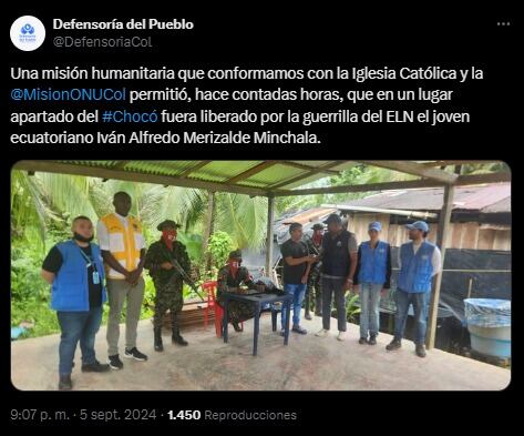 La institución recibió a un ciudadano ecuatoriano que fue liberado por el ELN en el Chocó - crédito @DefensoriaCol/X