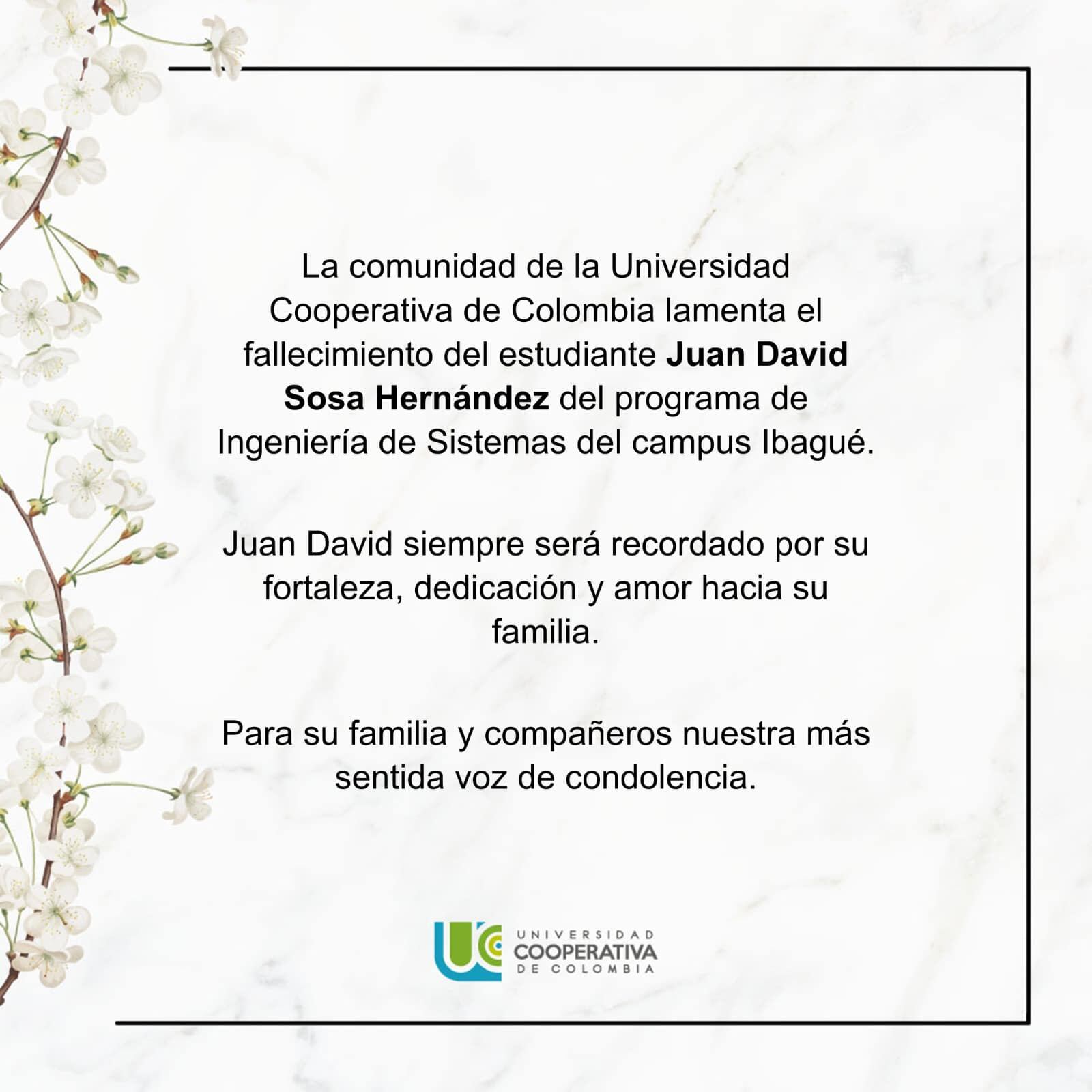 Las autoridades educativas reaccionaron enviando un sentido mensaje a su familia - crédito Universidad Cooperativa de Colombia