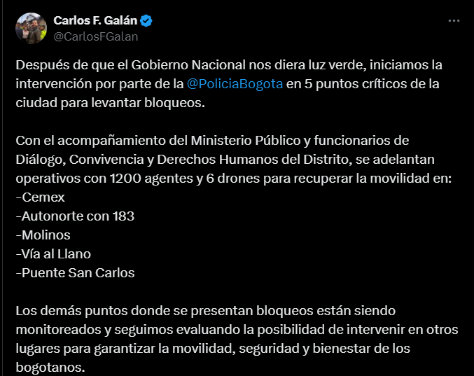 Alcalde de Bogotá inició operativos para desbloquear puntos de bloqueo por el paro camionero - crédito @CarlosFGalan/X