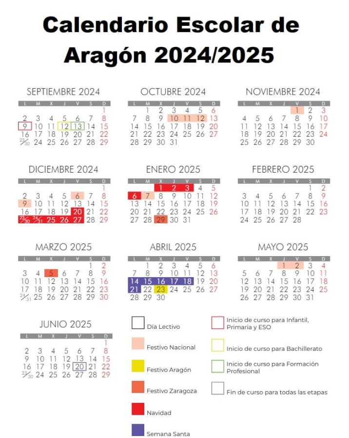 Calendario escolar del curso 2024/2025 en Aragón (Gobierno de Aragón)