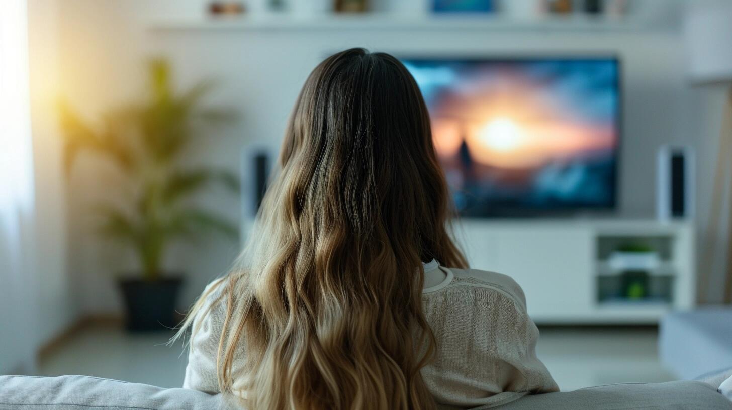 Mujer joven sentada en el living de su casa, mirando atentamente la televisión, conectada a una app de streaming. La habitación está iluminada suavemente, creando un ambiente acogedor para su maratón de cine y series. Ella navega por la programación de fin de semana, eligiendo su entretenimiento a través de internet. (Imagen ilustrativa Infobae)