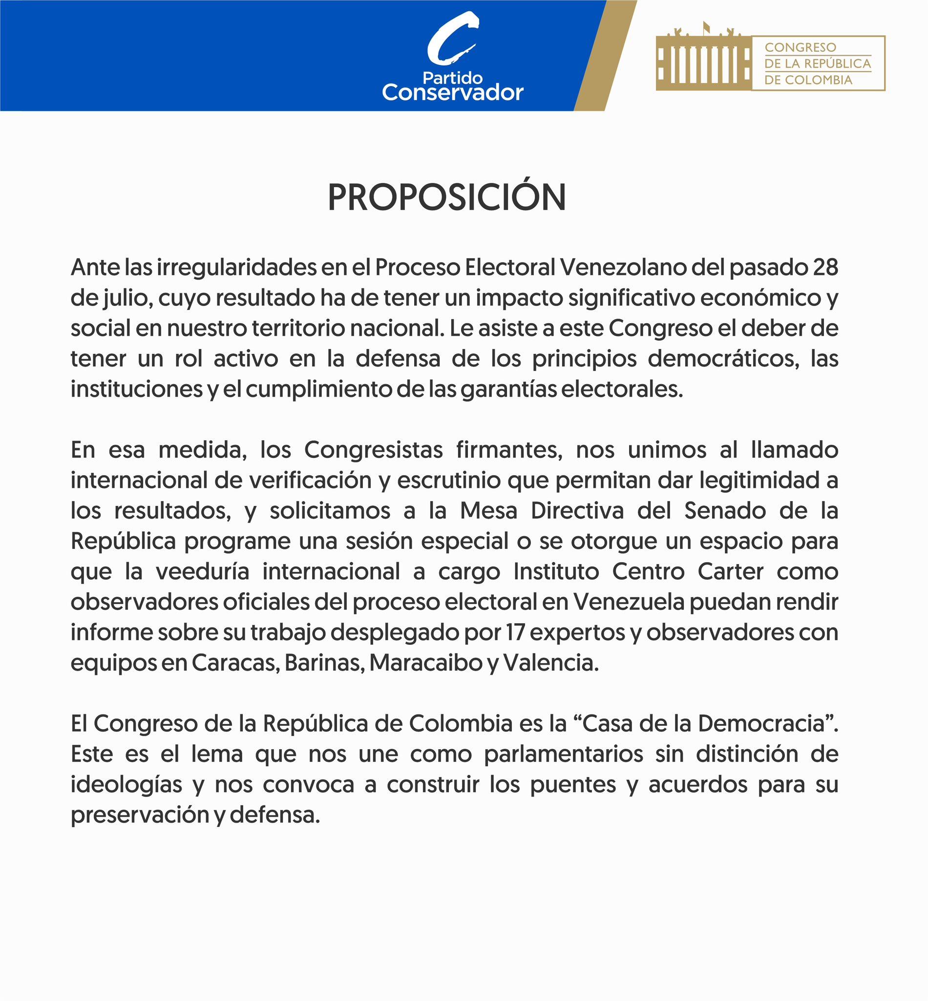 Proposición del Partido Conservador sobre situación en Venezuela - crédito @soyconservador/X