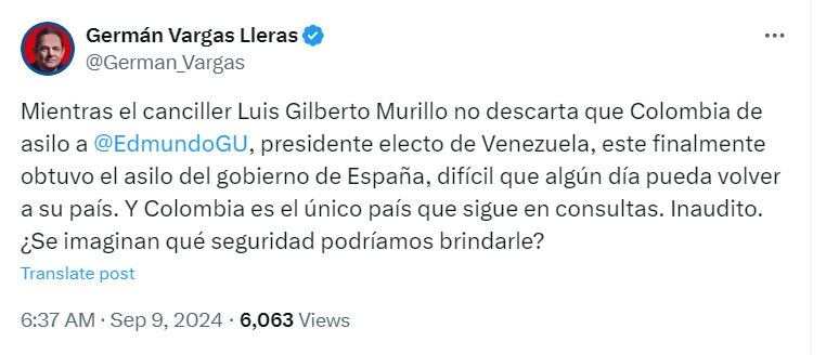 El exvicepresidente criticó la postura de Colombia frente al asilo político de Edmundo González - crédito @German_Vargas/X