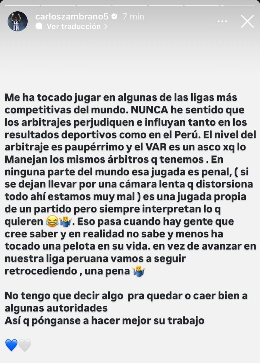 Carlos Zambrano estalló en redes sociales por el arbitraje del partido frente a Atlético Grau. - Crédito: @carloszambrano5