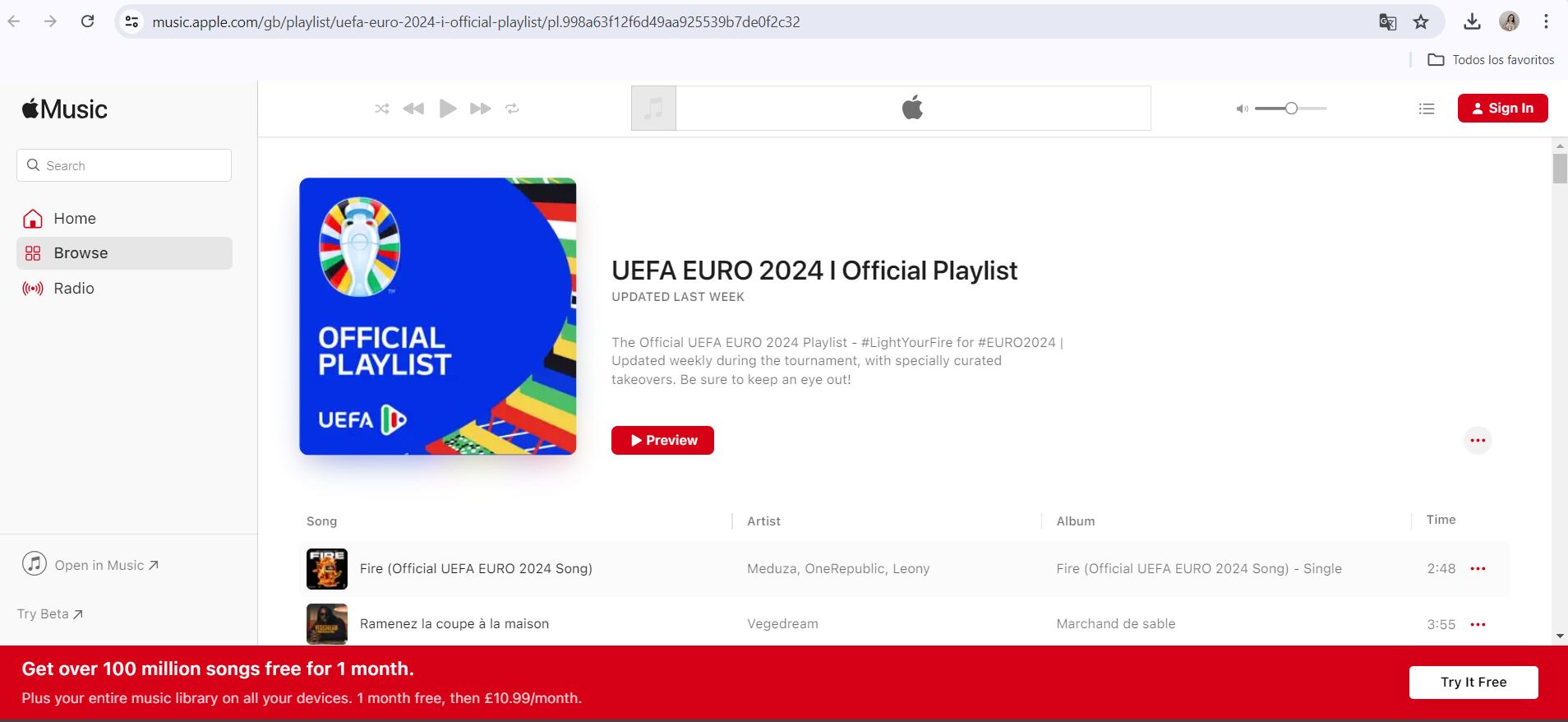 La UEFA cuenta con un perfil verificado en Apple Msuic y en otras plataformas similares. (Apple Music)