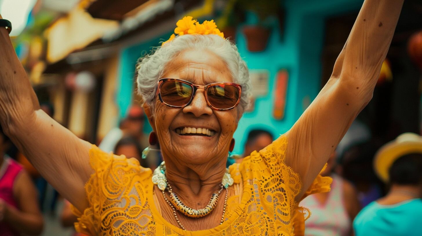 Abuela energética demuestra su amor por la vida bailando salsa en una fiesta, rodeada de amigos y familiares. La imagen resalta la importancia del entretenimiento y la actividad física en la tercera edad, promoviendo una cultura de inclusión y alegría. (Imagen ilustrativa Infobae)