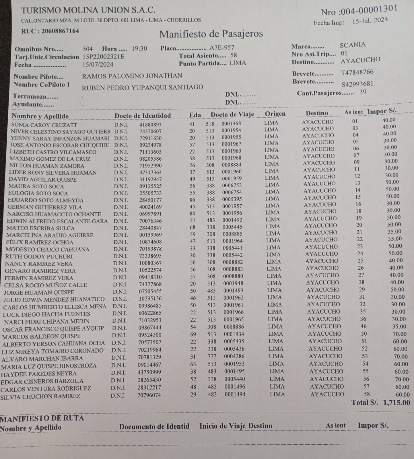 Lista de pasajeros del bus Molina Unión que viajaba de Lima a Ayacucho este 16 de julio.