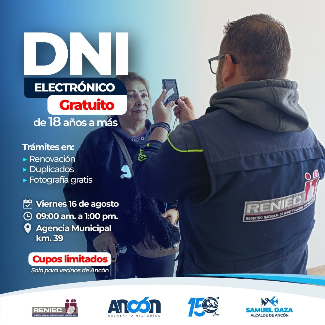 La comuna de Ancón también tendrá este viernes 16 de agosto una campaña itinerante del Reniec para tramitar gratis el DNI electrónico.