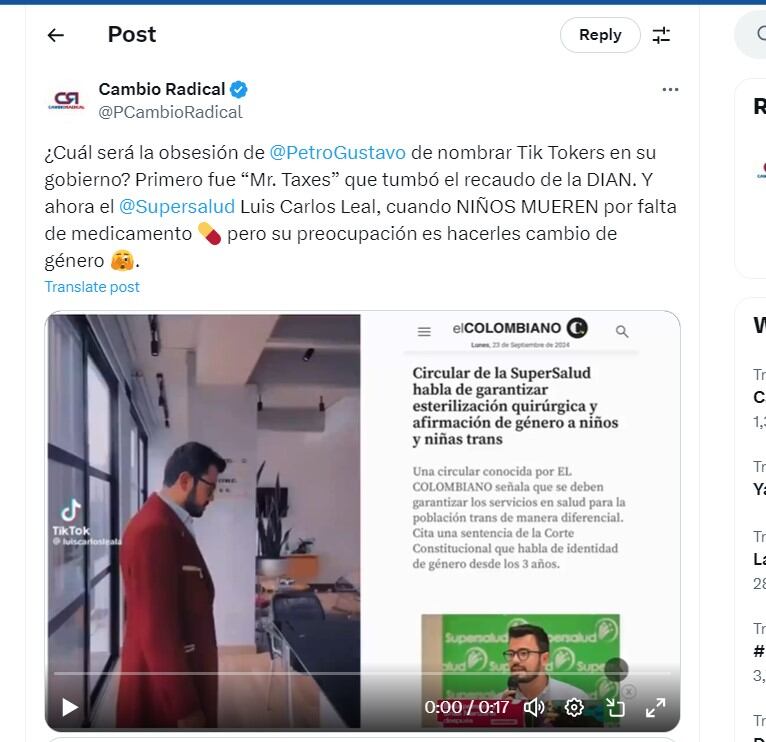 Cambio Radical calificó de "tik toker" al superintendente de Salud, Luis Carlos Leal - crédito @PCambioRadical