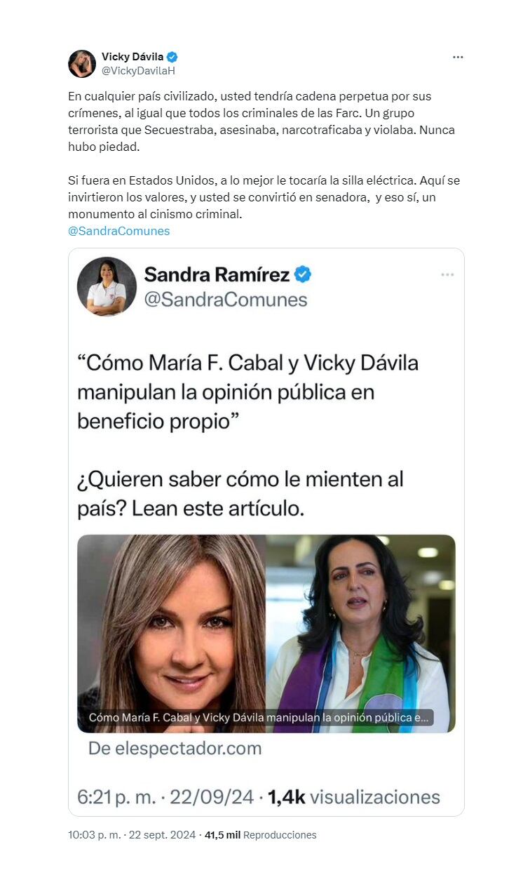 Trino de Vicky Dávila contra Sandra Ramírez. (Crédito: @VickyDavilaH / X)