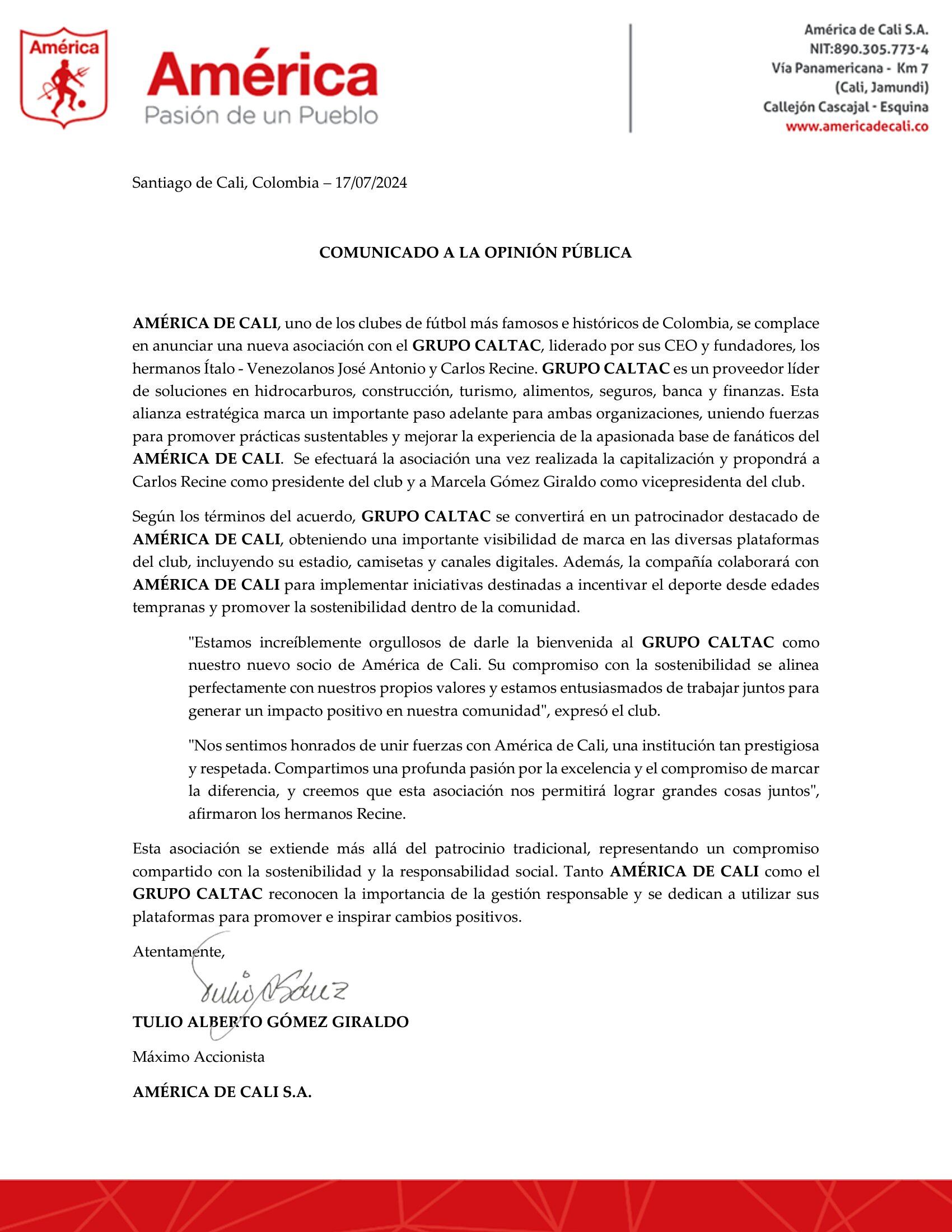 Comunicado donde América de Cali da como un hecho la alianza con Grupo Caltac - crédito América de Cali