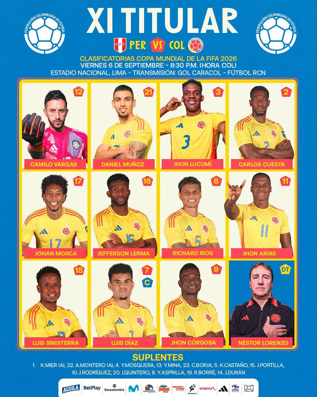 Alineación titular de Colombia para enfrentar a Perú en Eliminatorias 2026.