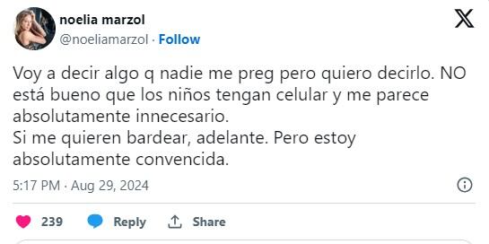 El polémico mensaje de Noelia Marzol sobre la crianza de sus hijos (X)