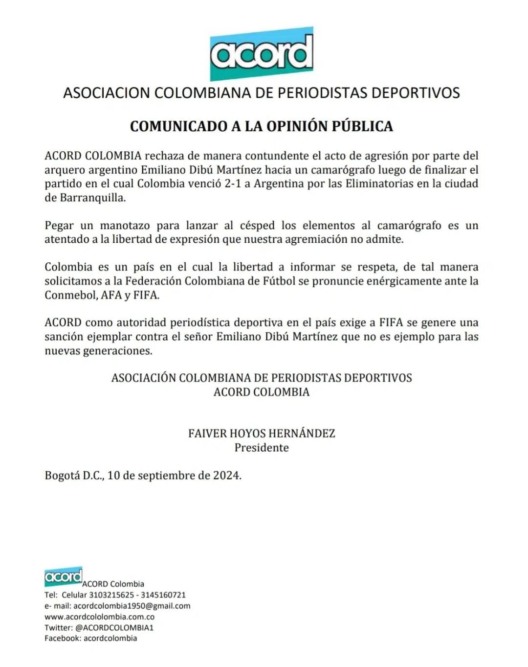 El gremio de periodistas deportivos emitió comunicado en rechazo al comportamiento de el Dibu Martínez - crédito Asociación Colombiana de Periodistas Deportivos