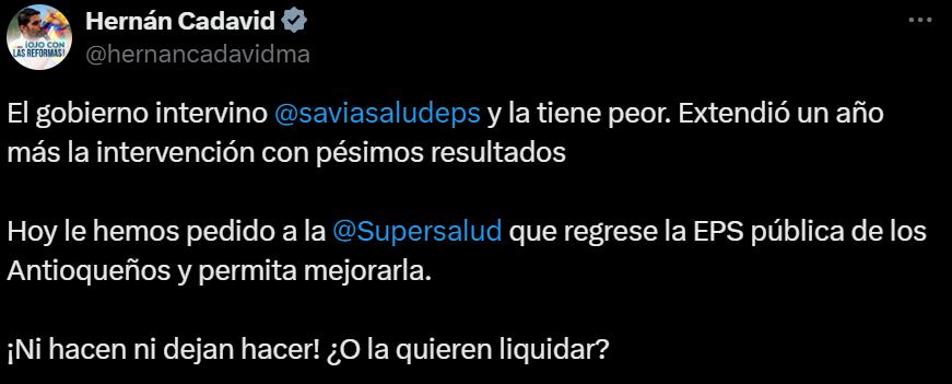 El congresista considera que la internveción del Estado dió pesimo resultado - crédito X/ @hernancadavidma