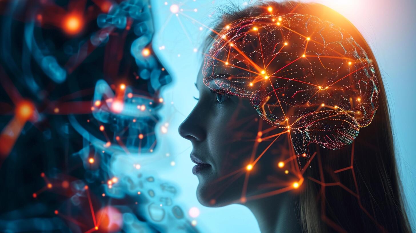 Imagen de una mujer con representaciones visuales de su cerebro y conexiones neuronales integradas con elementos de inteligencia artificial y robótica. La fotografía destaca la fusión de la neurociencia con la tecnología avanzada, ilustrando el impacto de la computación y la informática en la expansión de las capacidades cerebrales humanas. Refleja la evolución de la interacción entre el cerebro humano y los sistemas computacionales, como un paso hacia el futuro de la neurotecnología. (Imagen ilustrativa Infobae)