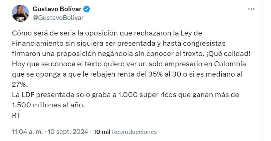 Gustavo Bolívar defiende Ley de Financiamiento - crédito @GustavoBolivar/X