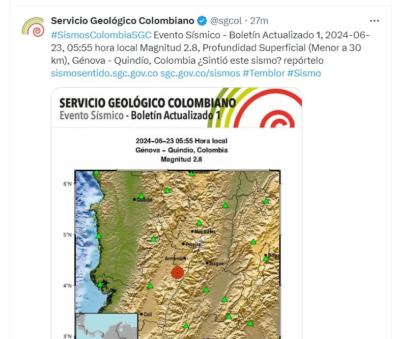 Servicio Geológico Colombiano informó de sismo en Quindío - crédito @sgcol