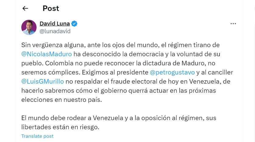 David Luna dijo que Nicolás Maduro desconoció la democracia en las elecciones de Venezuela - crédito @lunadavid