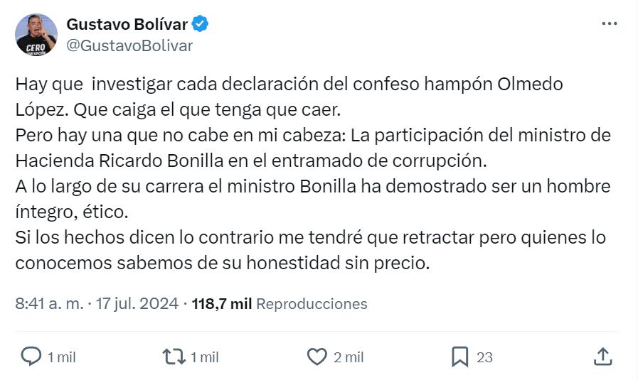 Gustavo Bolívar defendió al ministro de Hacienda, Ricardo Bonilla, ante acusaciones de Olmedo López - crédito red social X