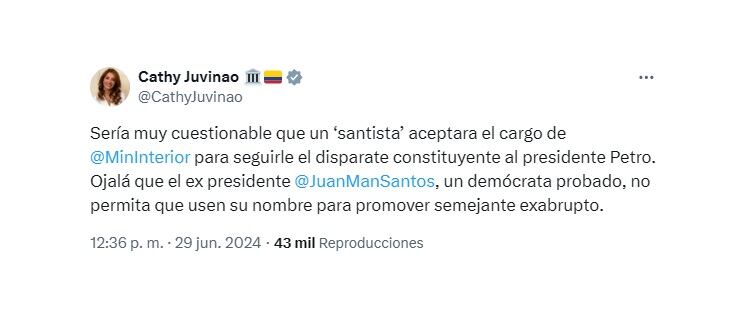 Trino Catherine Juvinao sobre el posible reemplazo de Velasco en el Ministerio del Interior. (Crédito: @CathyJuvinao / X)