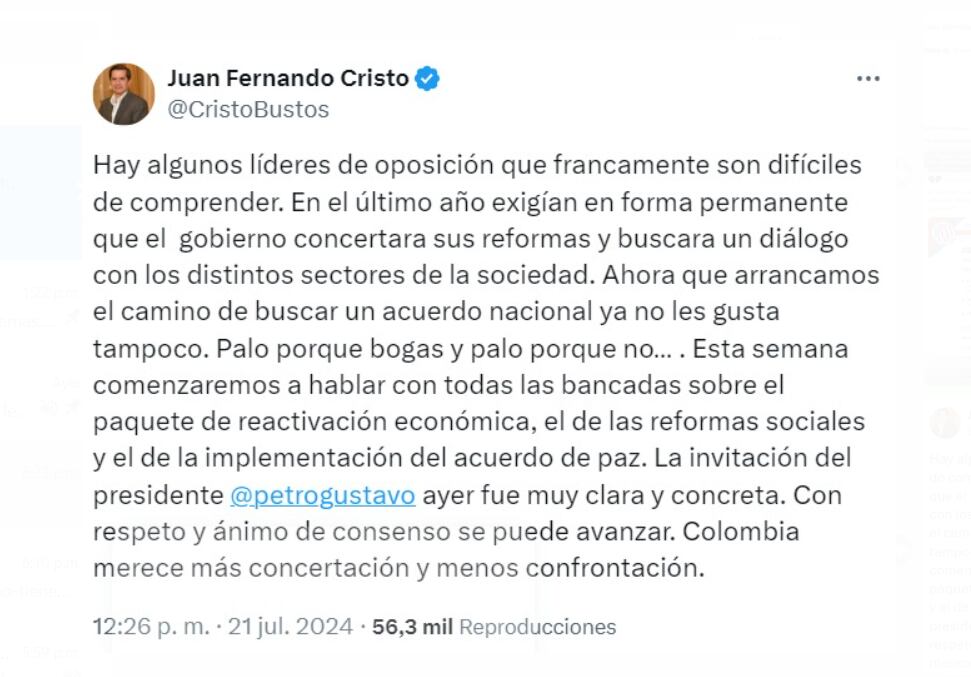 El Ministro del Interior de Colombia, Juan Fernando Cristo, resaltó la importancia de la concertación en el Congreso y criticó a la oposición por su actitud cambiante - crédito @CristoBustos / X