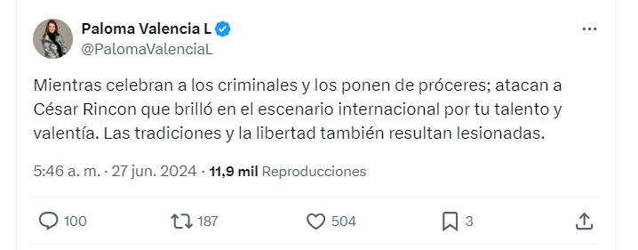 Paloma Valencia criticó al Gobierno por "celebrar a los criminales" - crédito @PalomaValenciaL/X