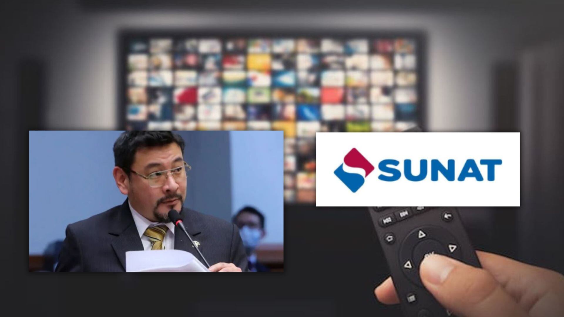 Televisor con streaming y Luis cordero jon tay congresista y logo de sunat